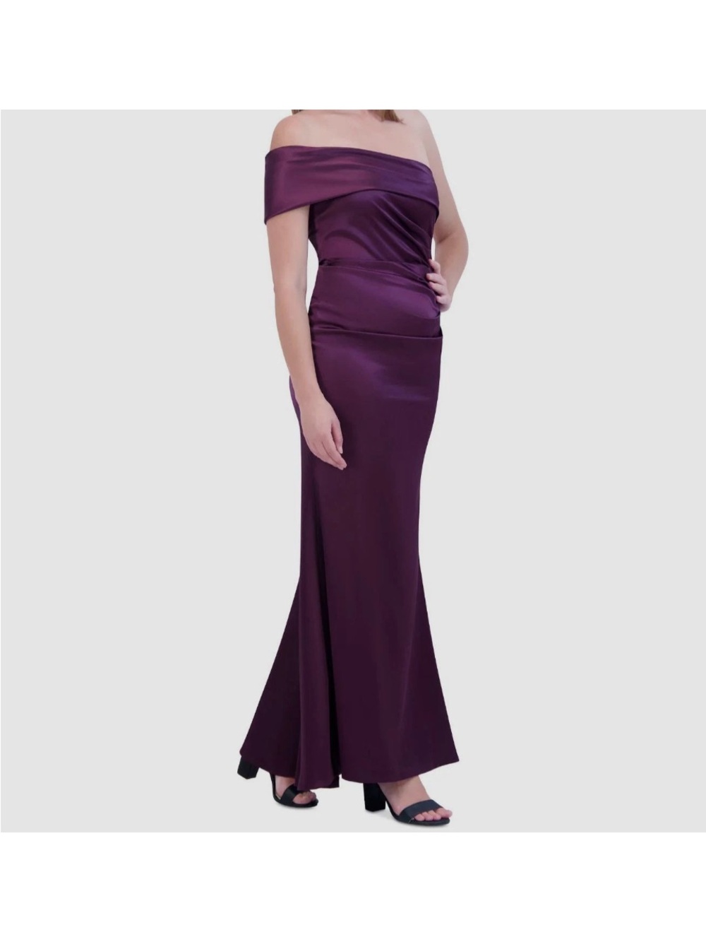 Eliza J Off-Shoulder Satin Gown in Purple